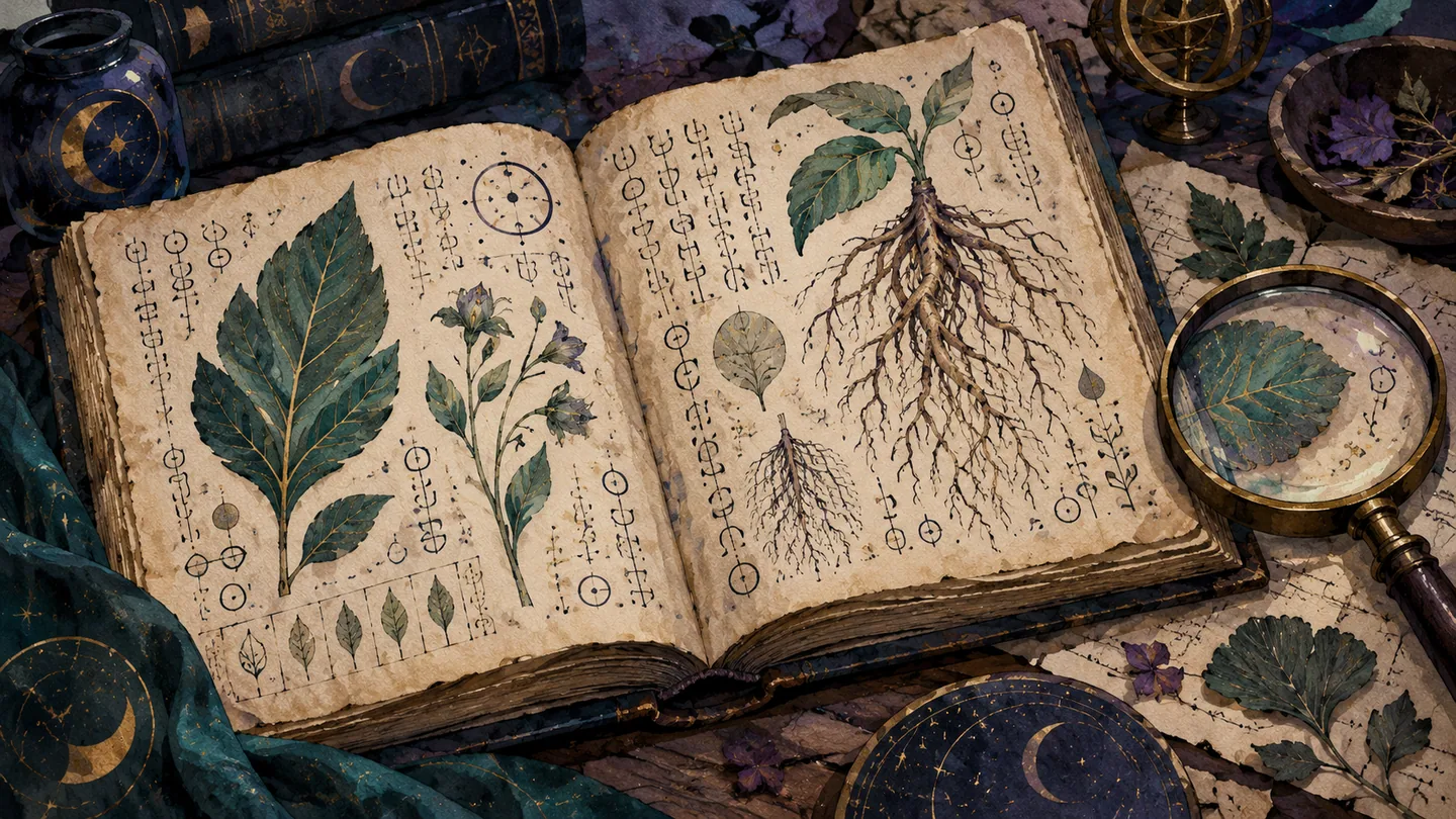Illustration : Un livre ancien ouvert avec seulement des dessins de feuilles, racines et signes inventés indéchiffrables, loupe sur la page. Aucun personnage ni anatomie humaine.